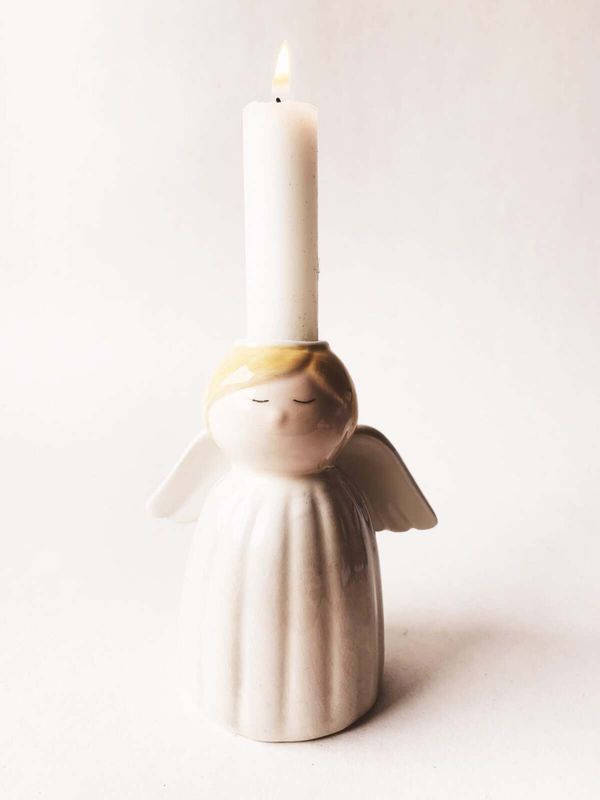 Keramikkengel lysholder creme